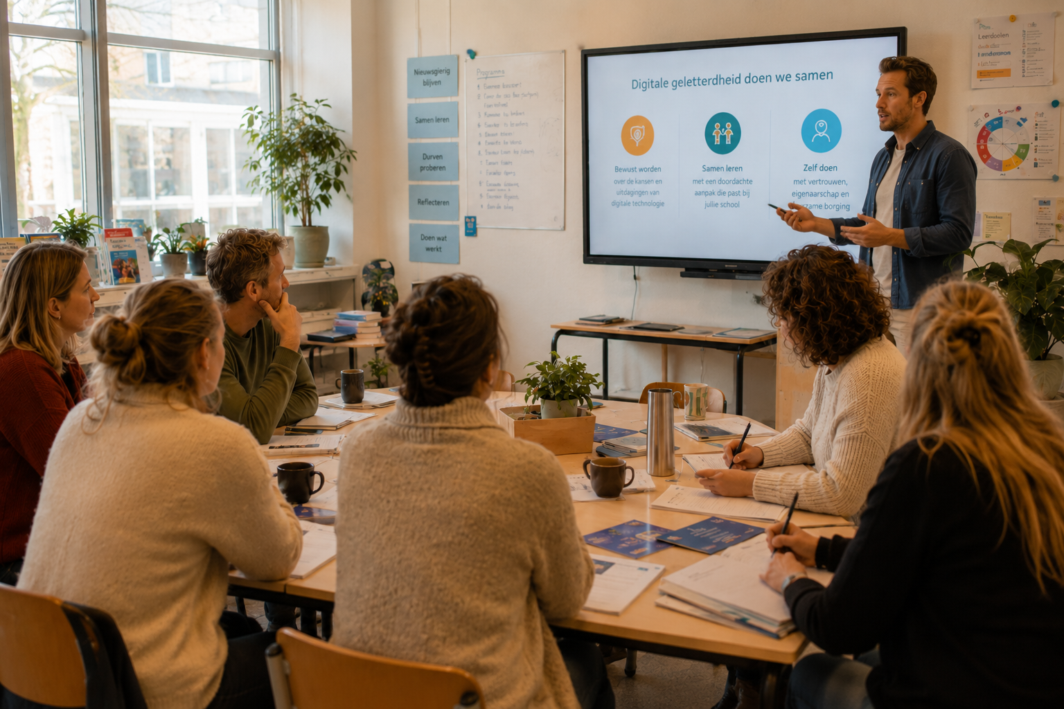 Adviseur geeft een teamsessie aan leerkrachten